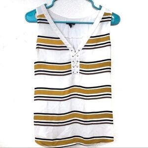 Express White Yellow Striped Lace Up Tank Top